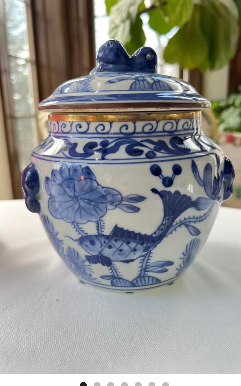 Vintage blue and white ginger jar // Made in Thailand // brass rim