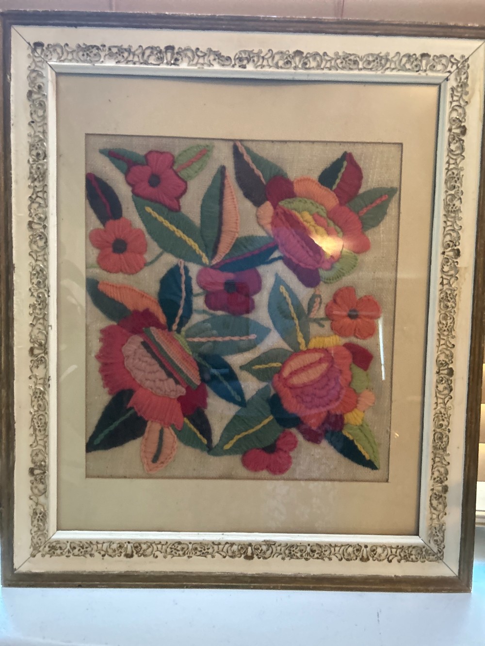 Vintage Gold Framed Embroidered Floral Art - S