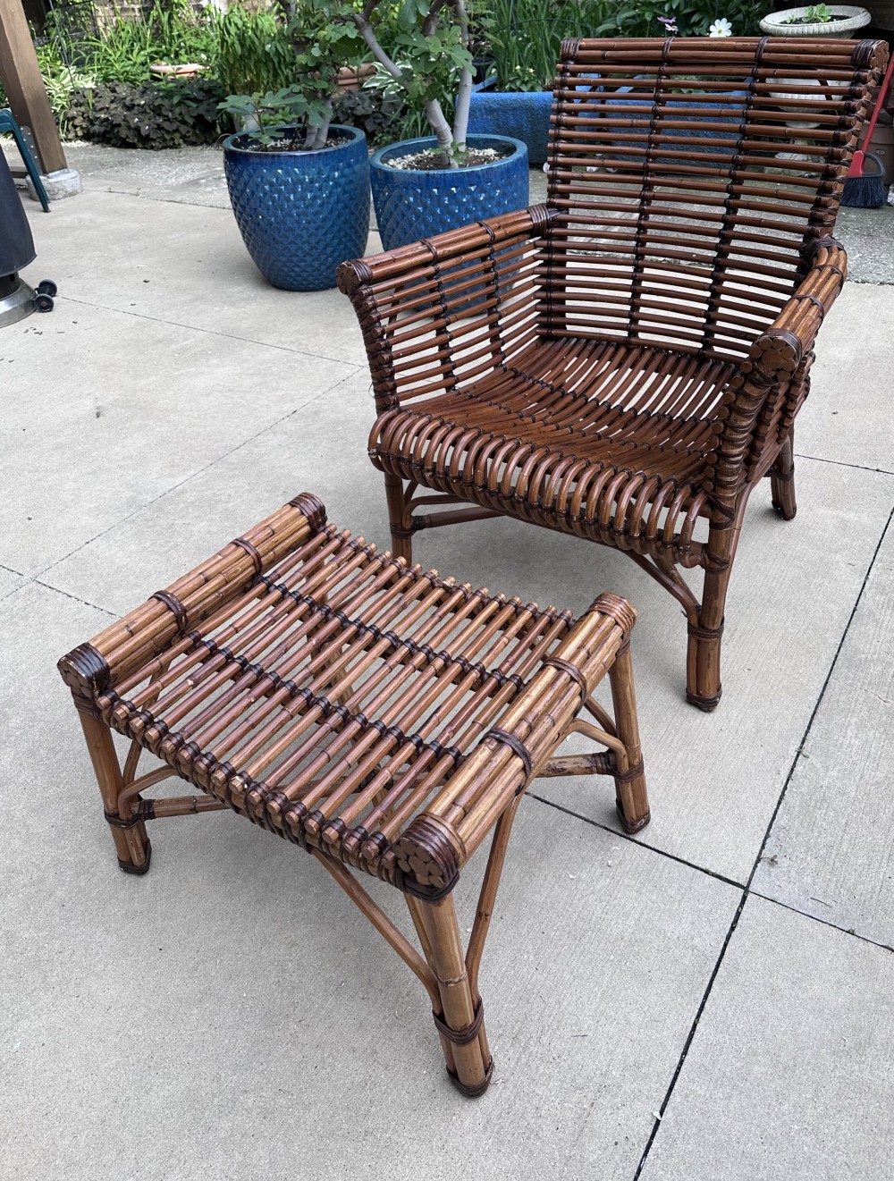 1970s rattan armchair + foot stool
