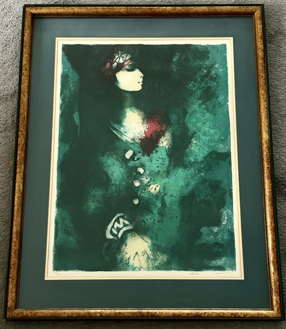 1960s Yehuda Vardi Blue Lady Portrait Framed Art