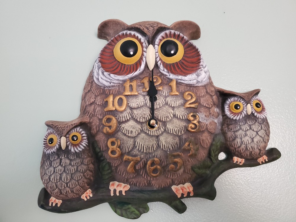1970s Whimsical Ceramic Owl Family Wall Clock