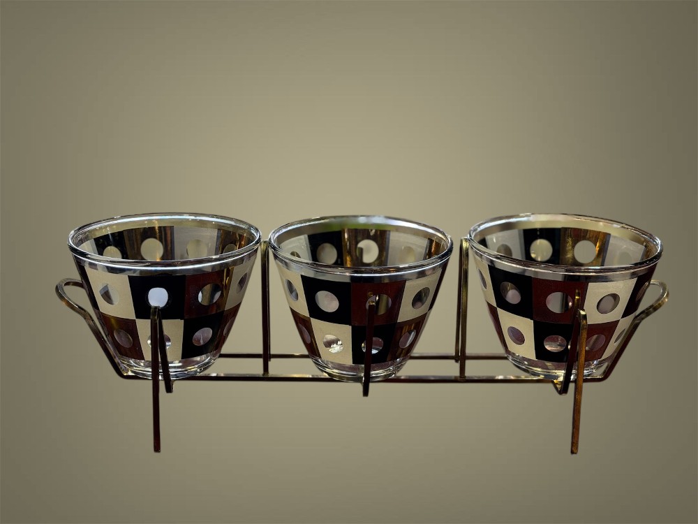 MCM Harlequin design triple bowl set with metal carrier