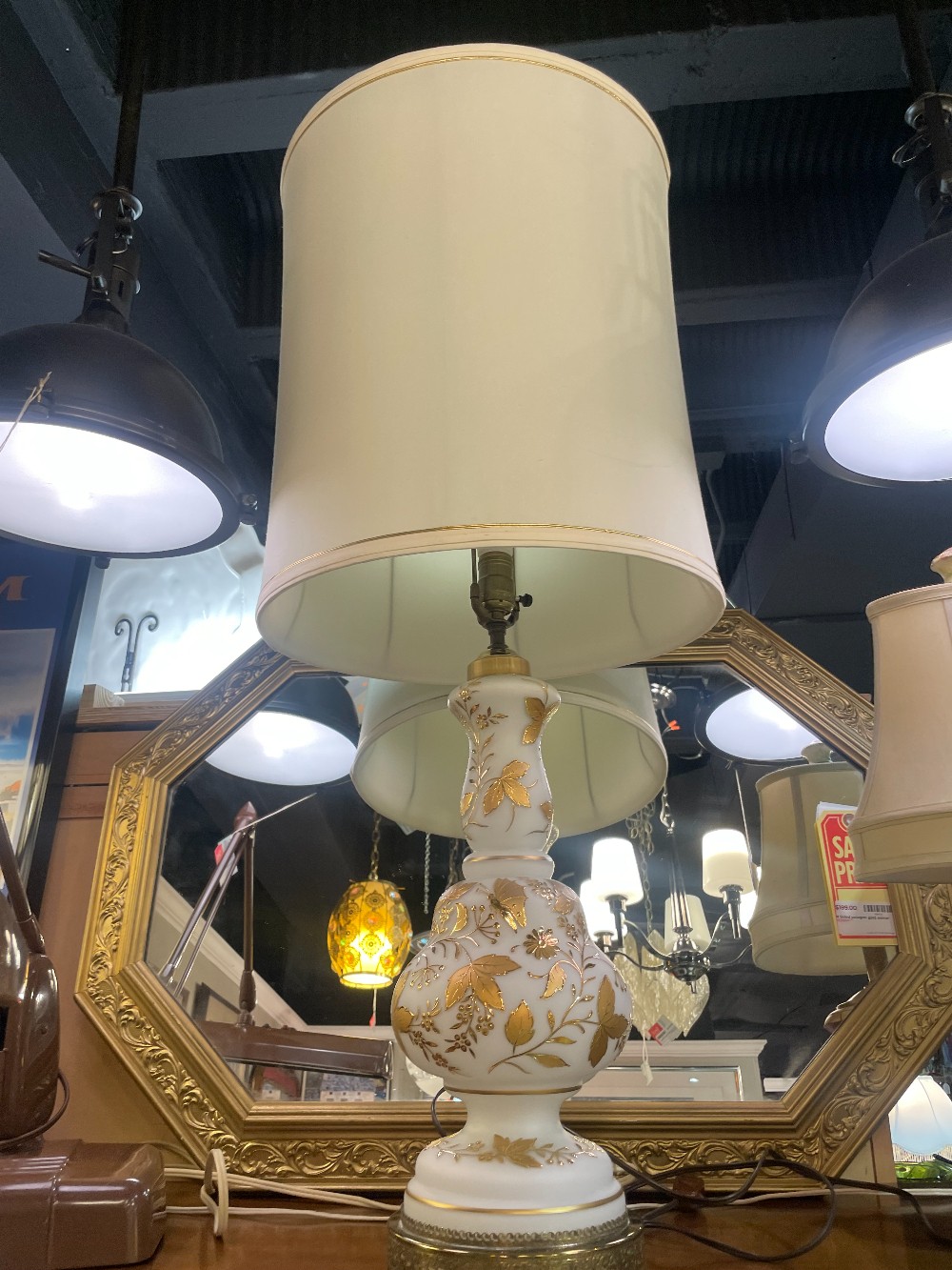 White Frosted Glass & Brass Lamp w/Gilded Flowers & Butterflies