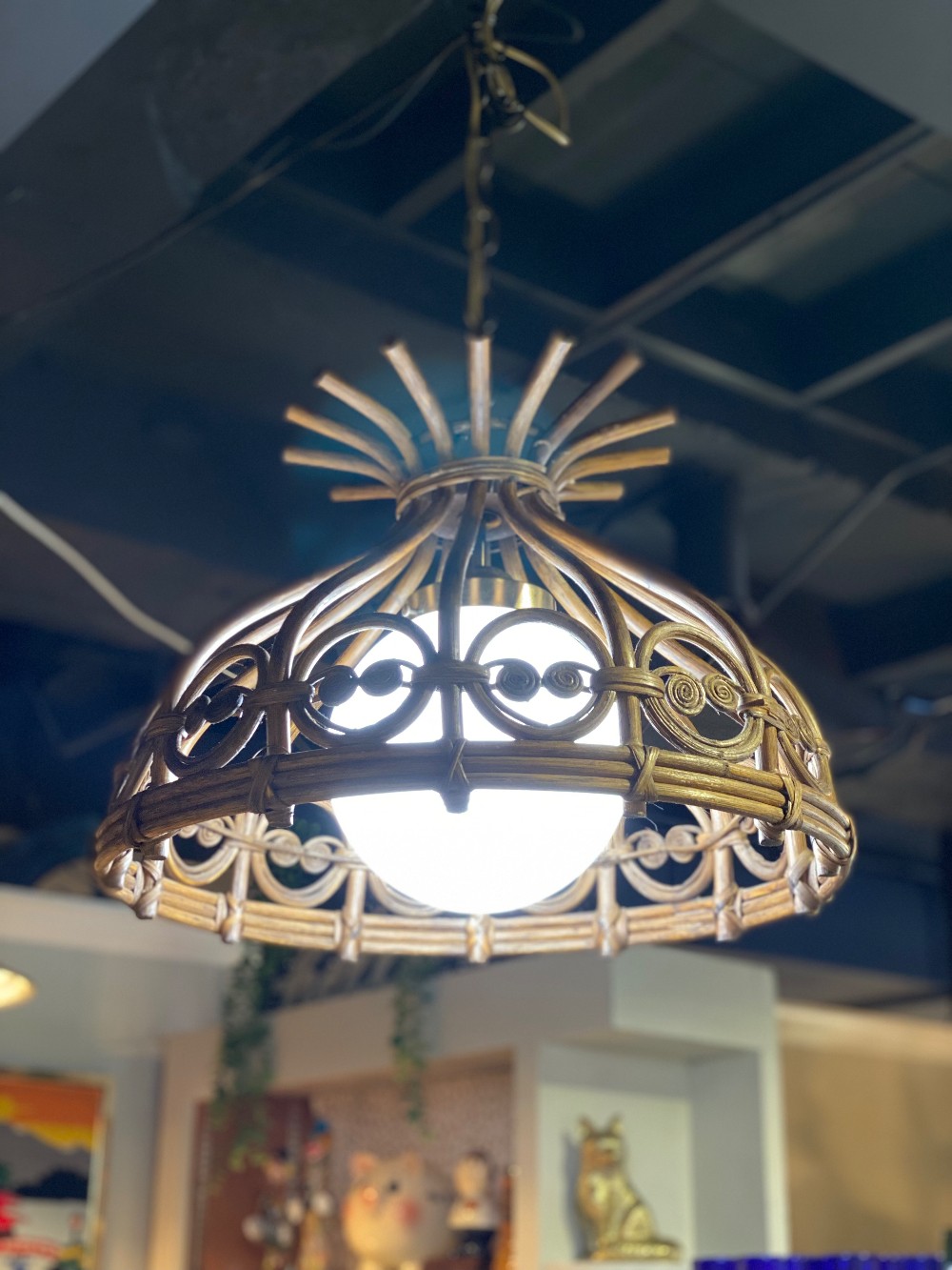 Vintage MCM Rattan hanging light