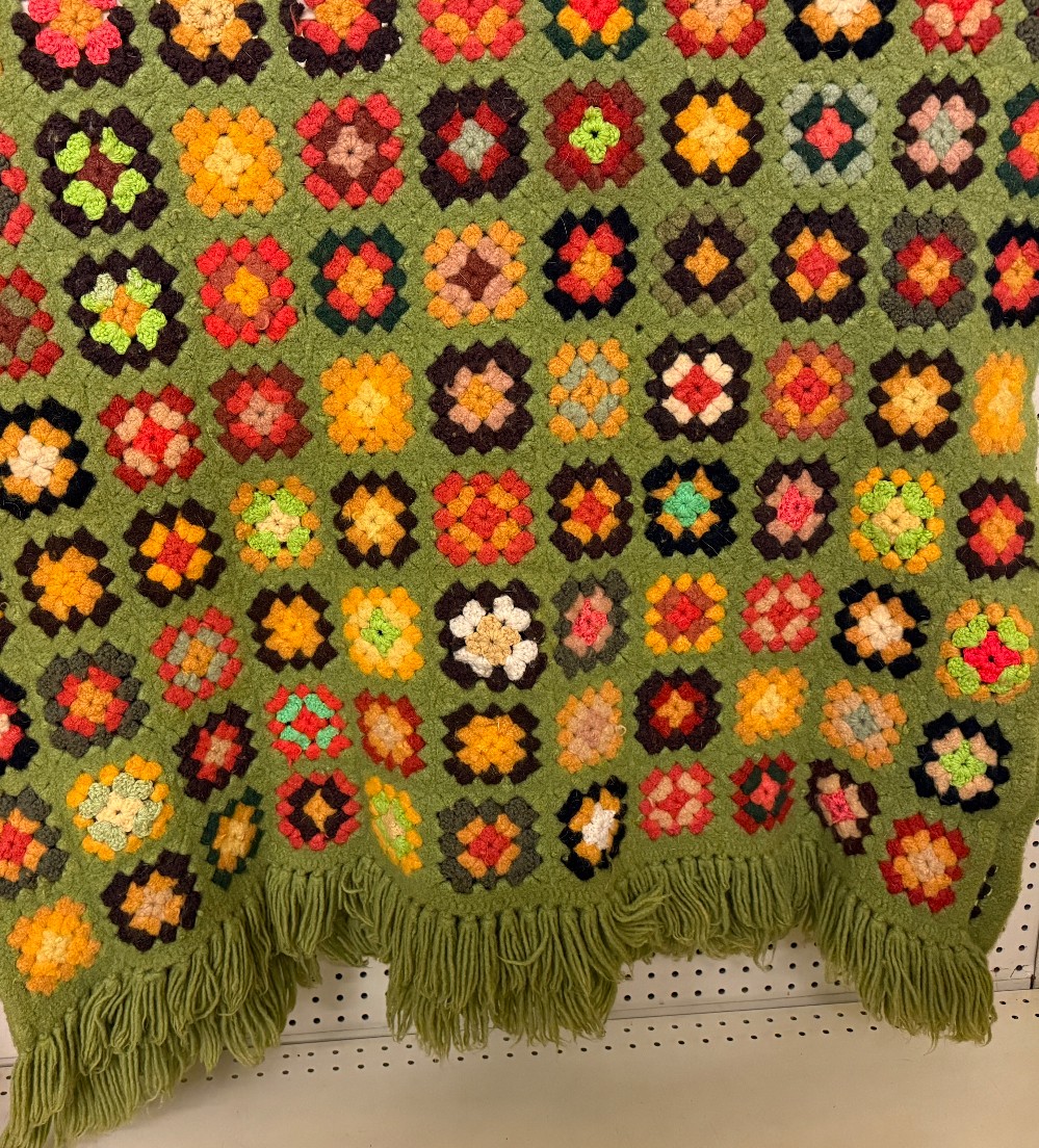 Vintage Wool Crocheted Floral Afghan
