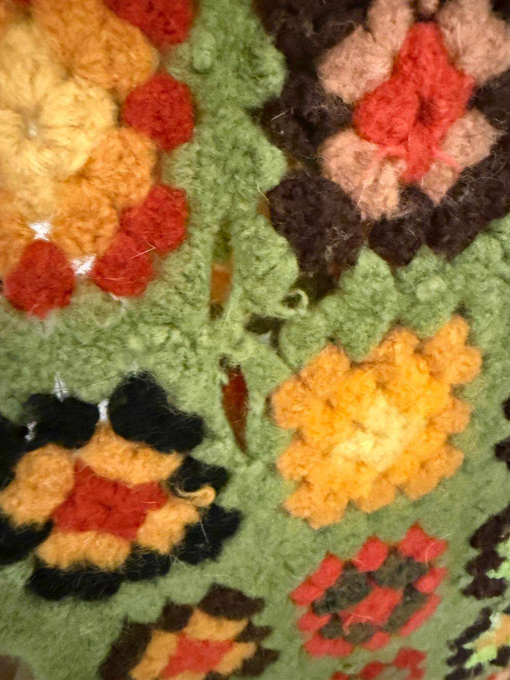 Vintage Wool Crocheted Floral Afghan