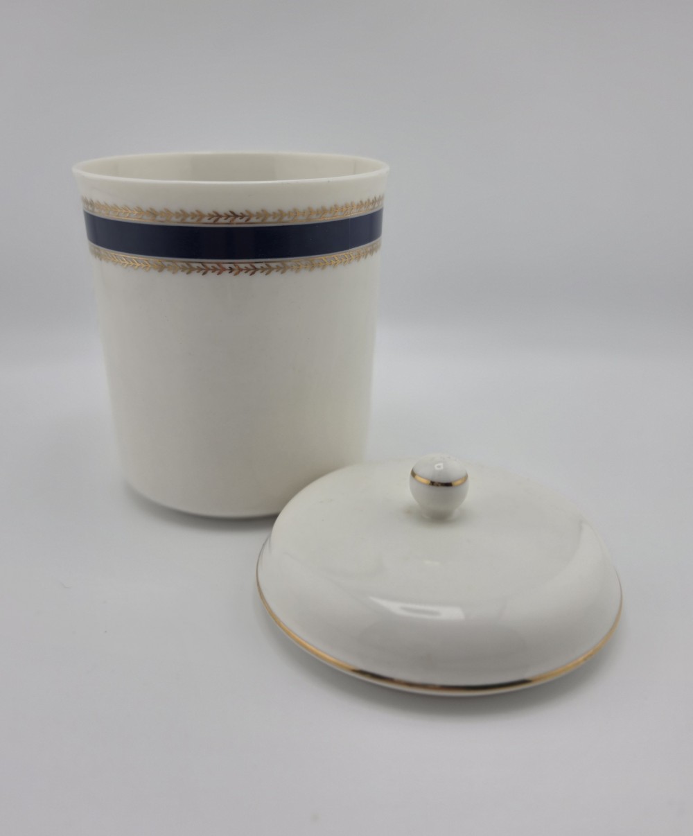 VTG 1980s Bill Blass Lidded Vanity Jar Navy Gold Laurel