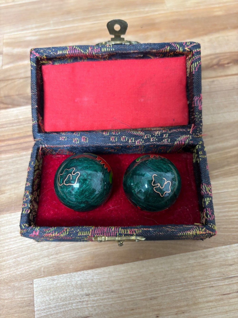 Chinese Cloisonné Baoding Meditation Exercise Balls with Brocade Box