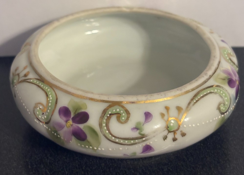 As is Nippon porcelain white w/violets & gold trim trinket dish