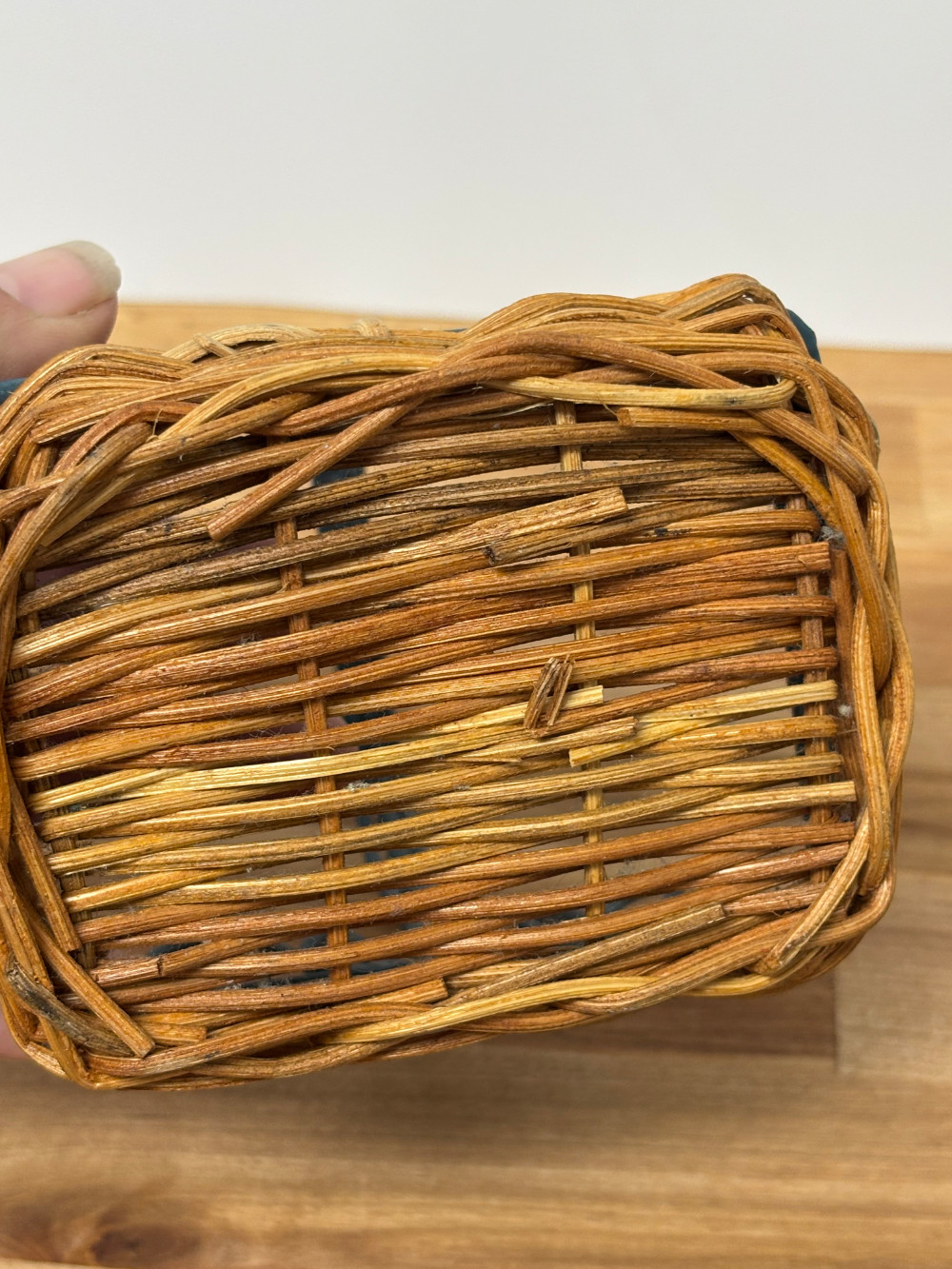 Miniature Wicker Basket with Ornate Metal Scrollwork Handle Rustic Farmhouse Decor
