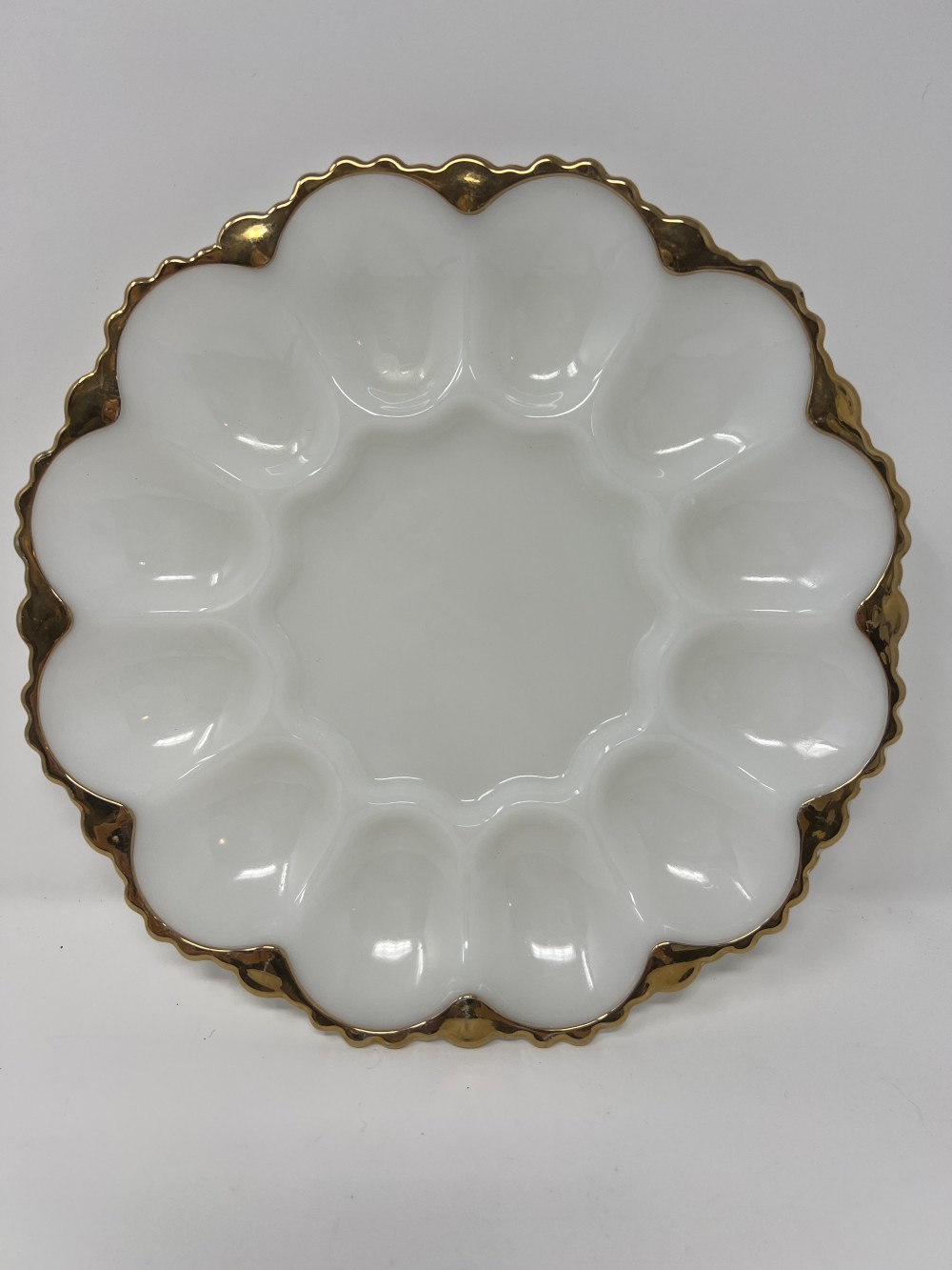 Vtg Anchor Hocking Milk Glass with Gold Trim Deviled Egg Plate