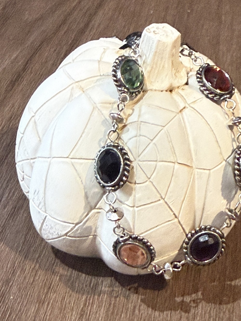 Bracelet Colored Jeweled Medallions Set in Silver