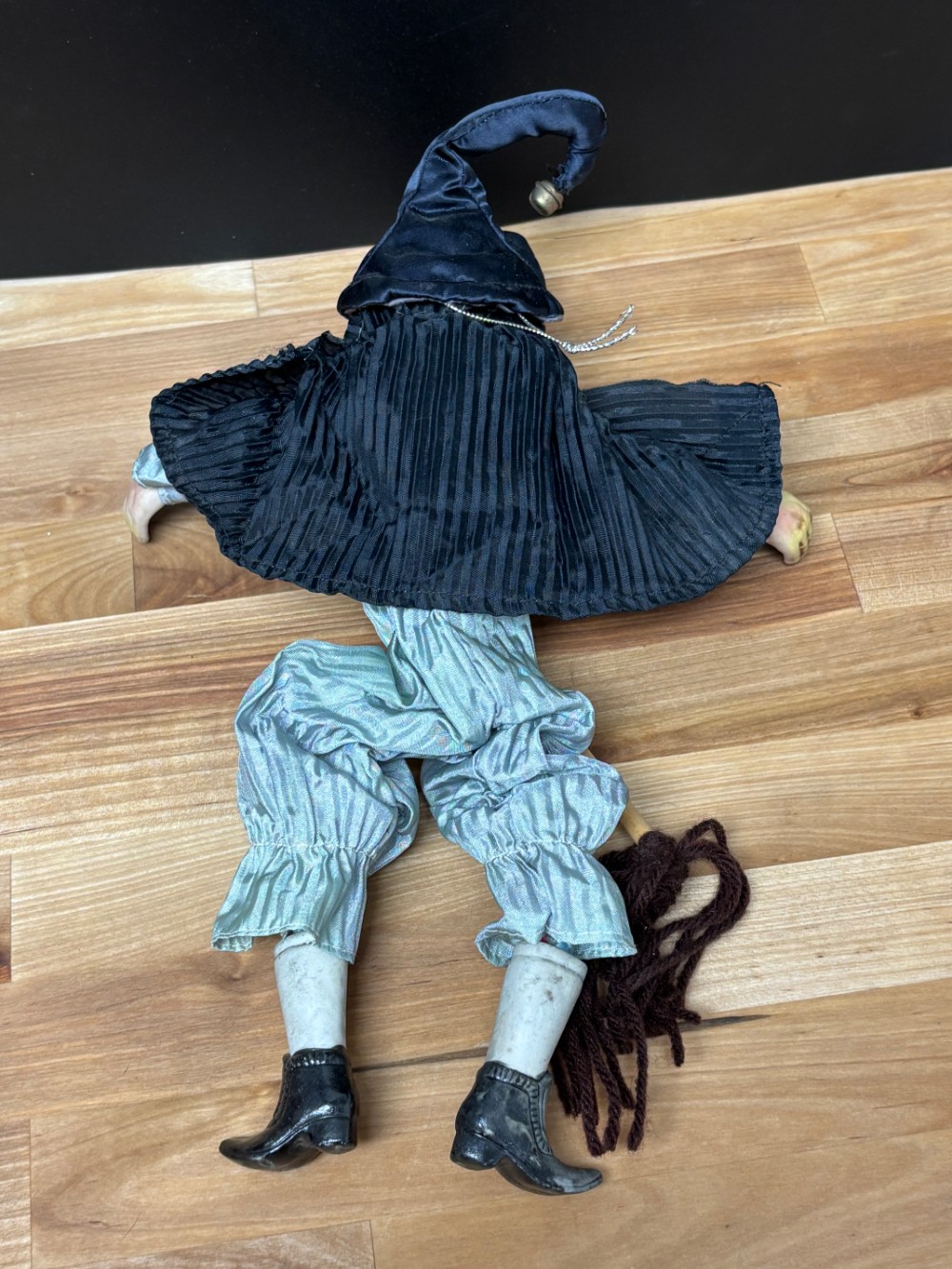 Vintage Kitchen Witch Doll Hand Painted Ceramic Poseable Halloween Broom 13 Inch