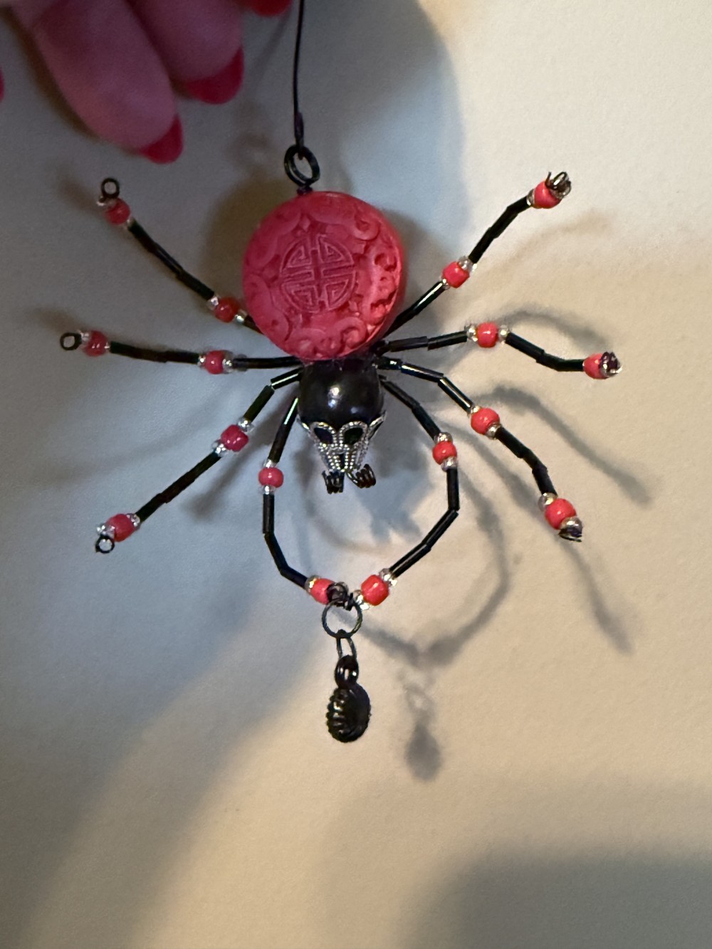 Spider Ornament - Red and Black w Dangling Jewel