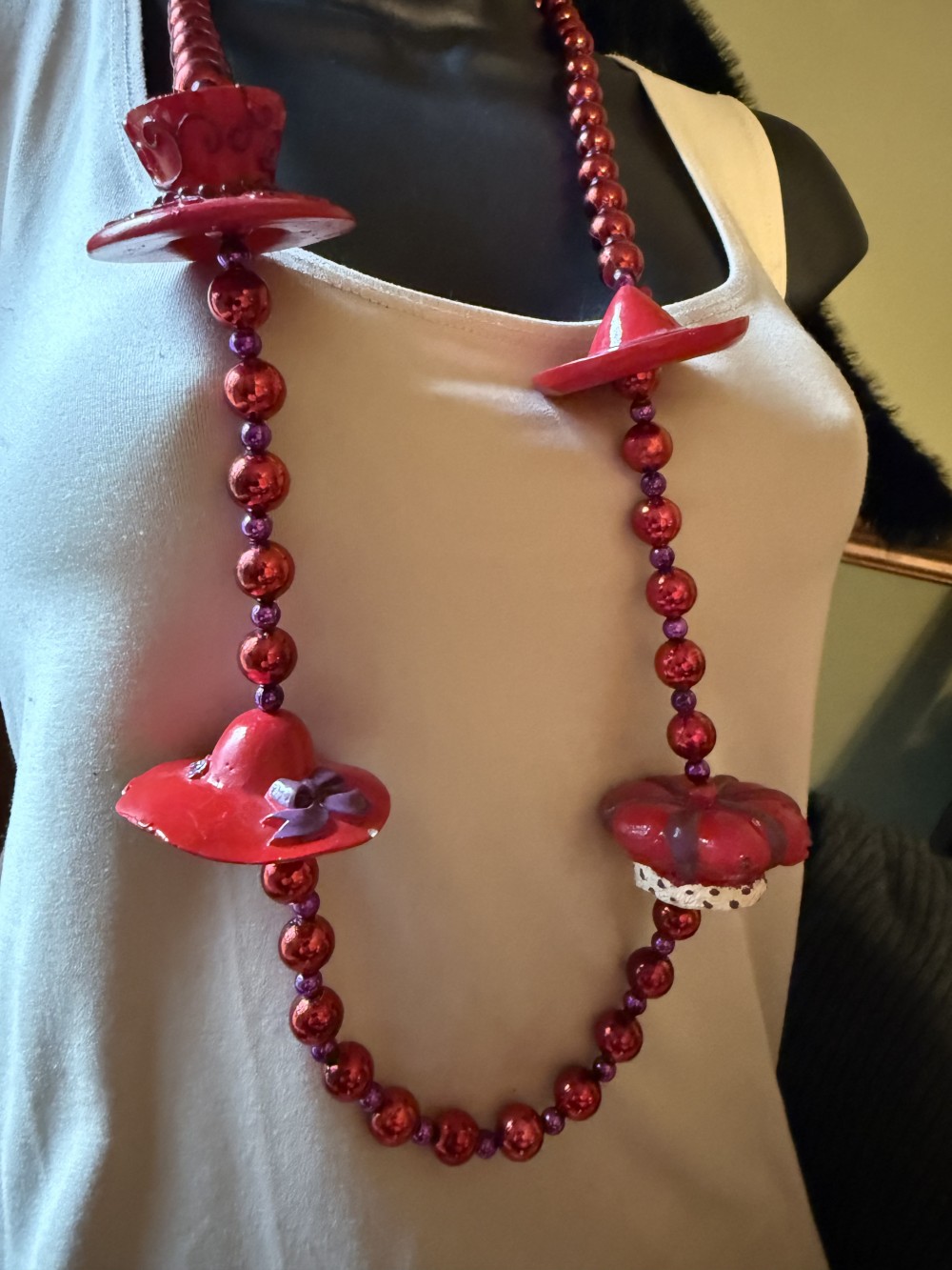 Necklace - Red Hat Society Red Beads Marti Gras Style Long Necklace