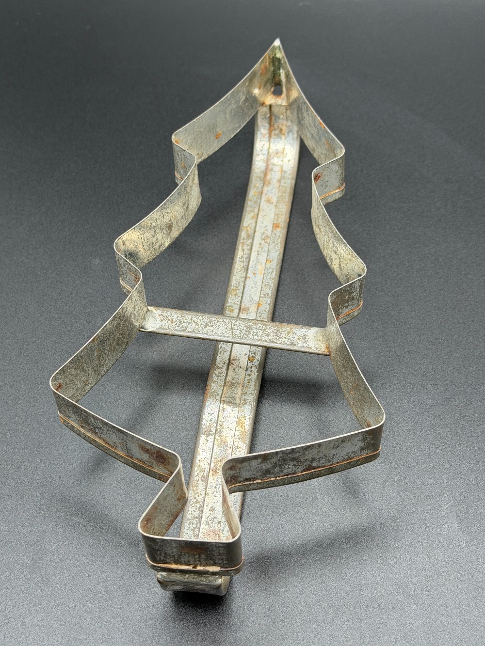 Large Vintage 1940s Tin Christmas Tree Cookie Cutter with Strap Handle