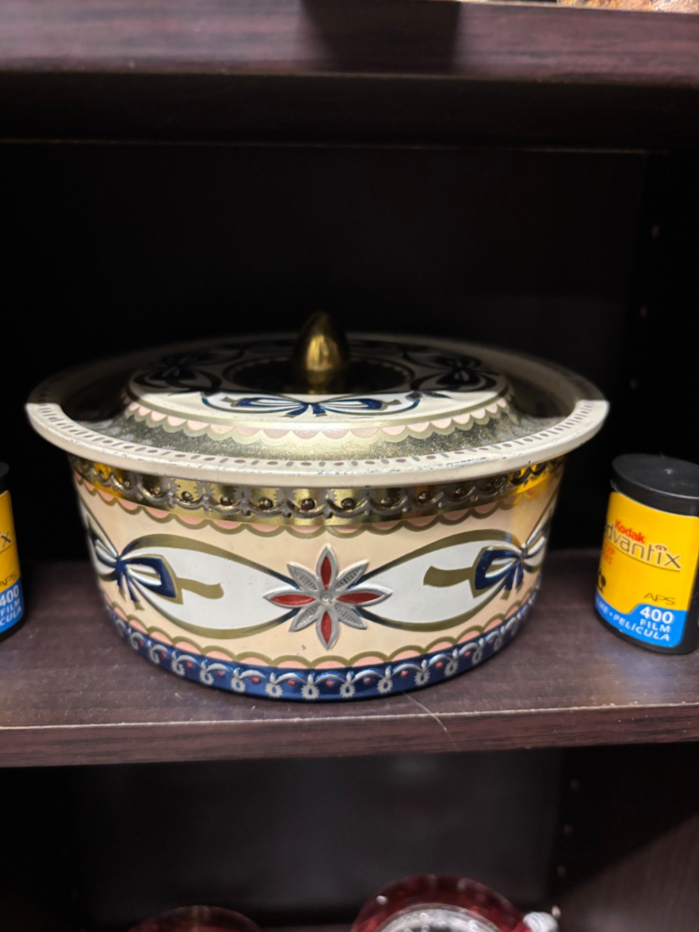 Vintage Embossed Metal Lidded Tin Round Box Floral Geometric Design Gold Blue Red