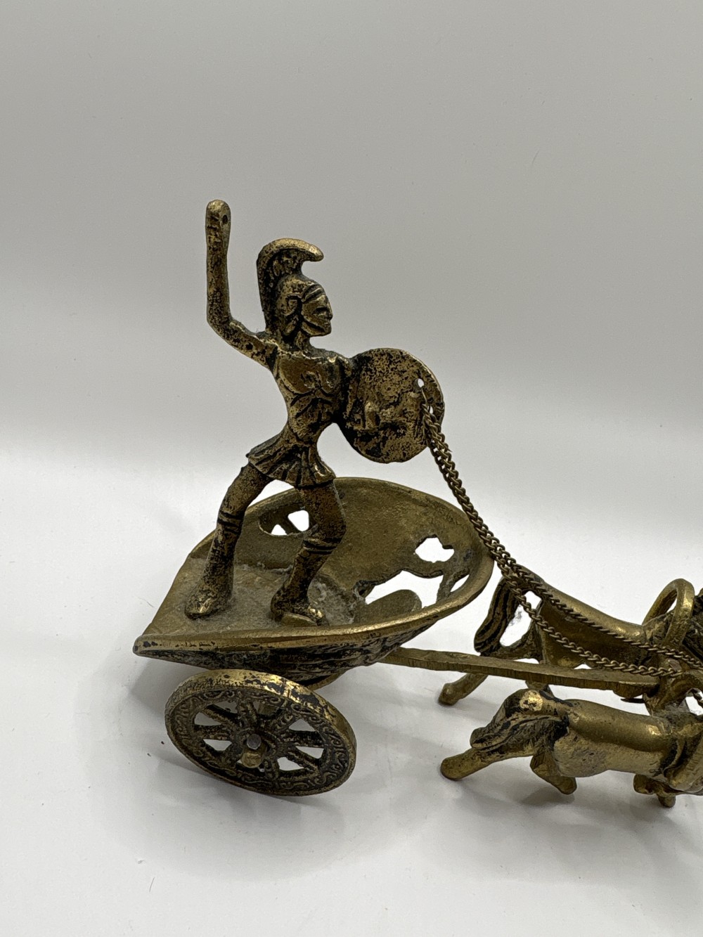 Roman Brass Chariot with Gladiator and Horses Vintage