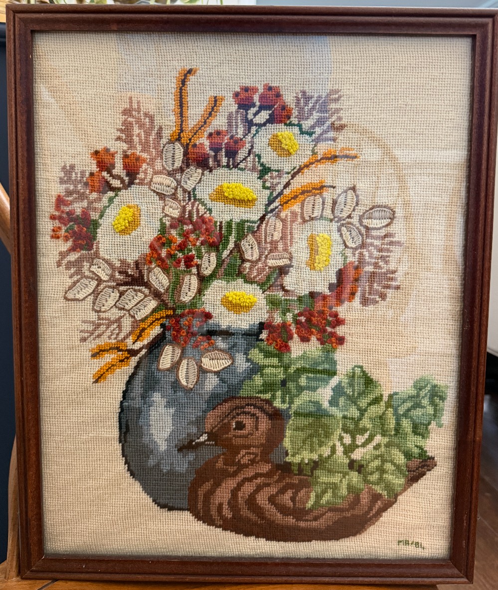 Vintage Finished Framed Crewel Embroidery Art - Duck Decoy & Floral Still Life Vase 1984 Signed
