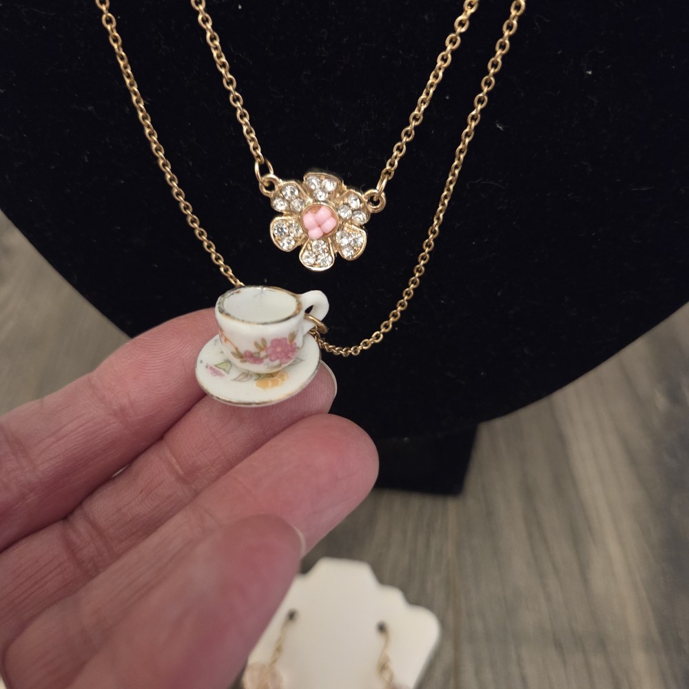 Delicate Gold-tone Layered Teacup Necklace & Earring Set