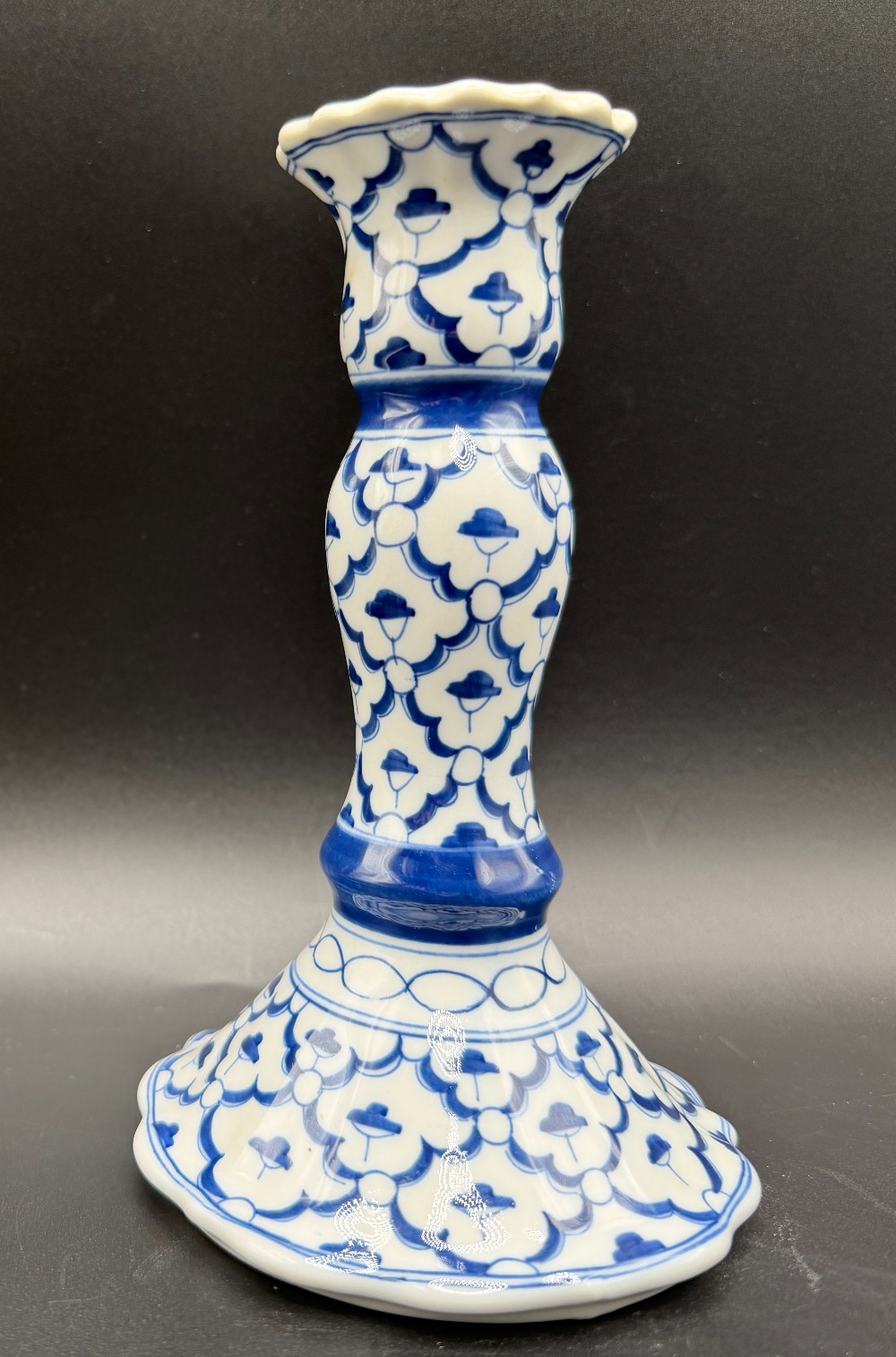 Vintage Thai Blue and White Porcelain Pineapple Scale Candlestick Holder