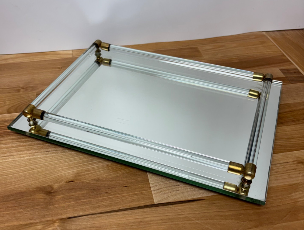 Vintage Hollywood Regency Mirrored Vanity Tray with Lucite Handles & Brass-Tone Accents – 11 x 8