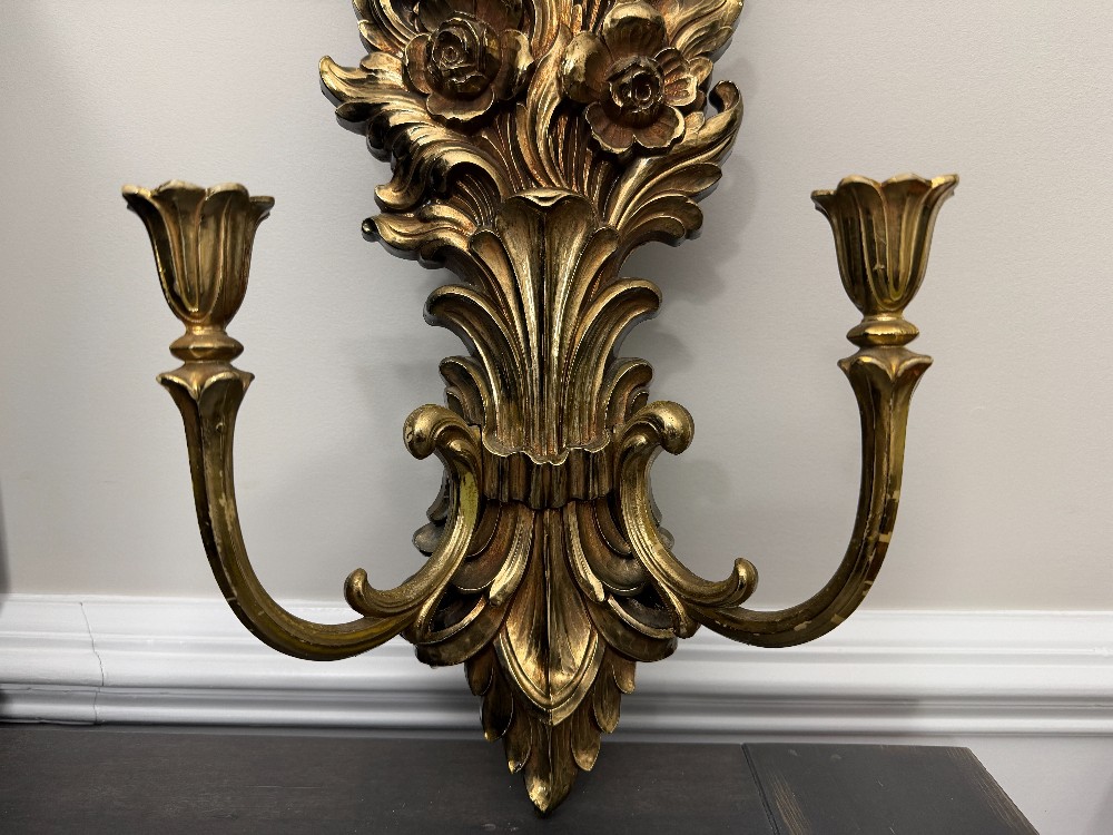 Vintage 1973 Syroco Gold Floral 2-Arm Wall Sconce – Model 4133 Hollywood Regency