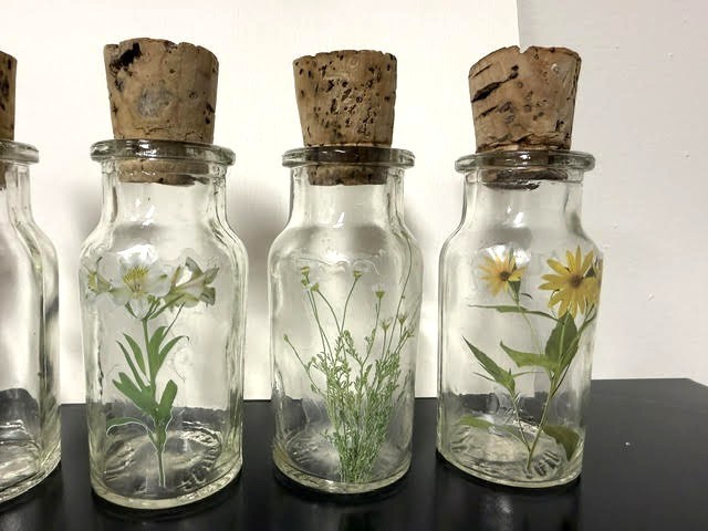 Vintage Made in Taiwan 12 Corked Glass Spice Bottles Set Embellished with Floral Transparencies
