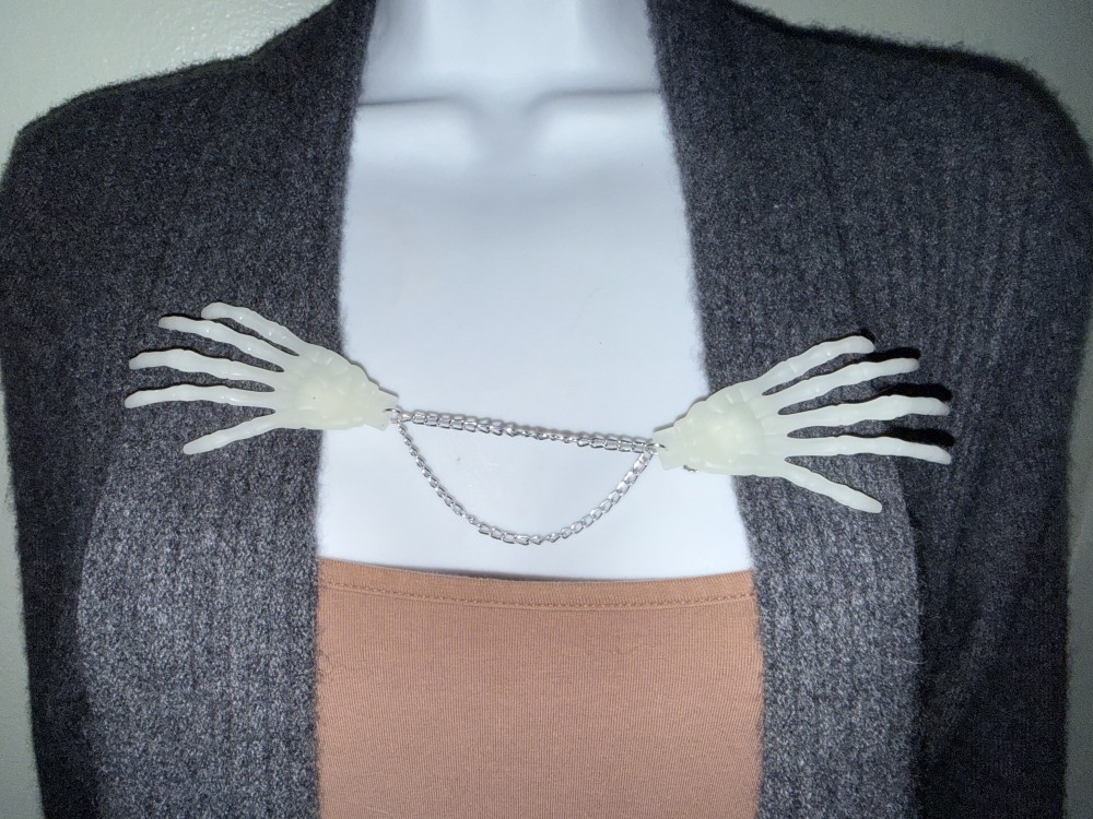 Sweater Clips - Skeleton Hands, GLOW IN THE DARK, Cloak Clip, Dress Clip, Collar Clip