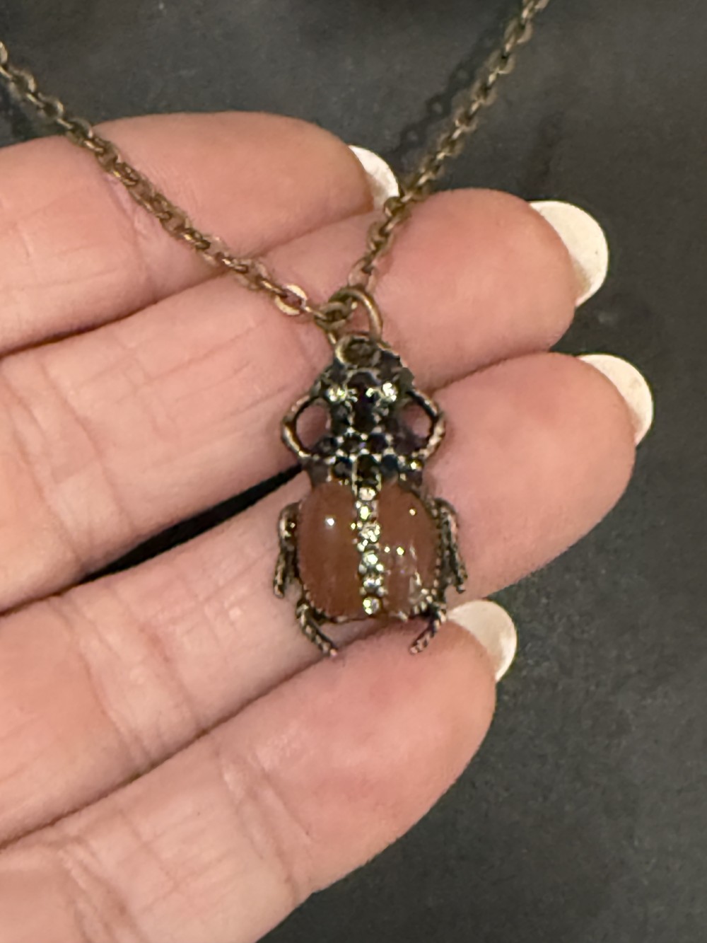 Necklace - Scarab, Beetle Brown Enamel Bronze & Rhinestones