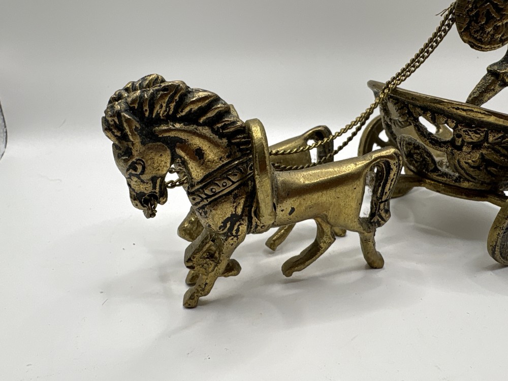 Roman Brass Chariot with Gladiator and Horses Vintage