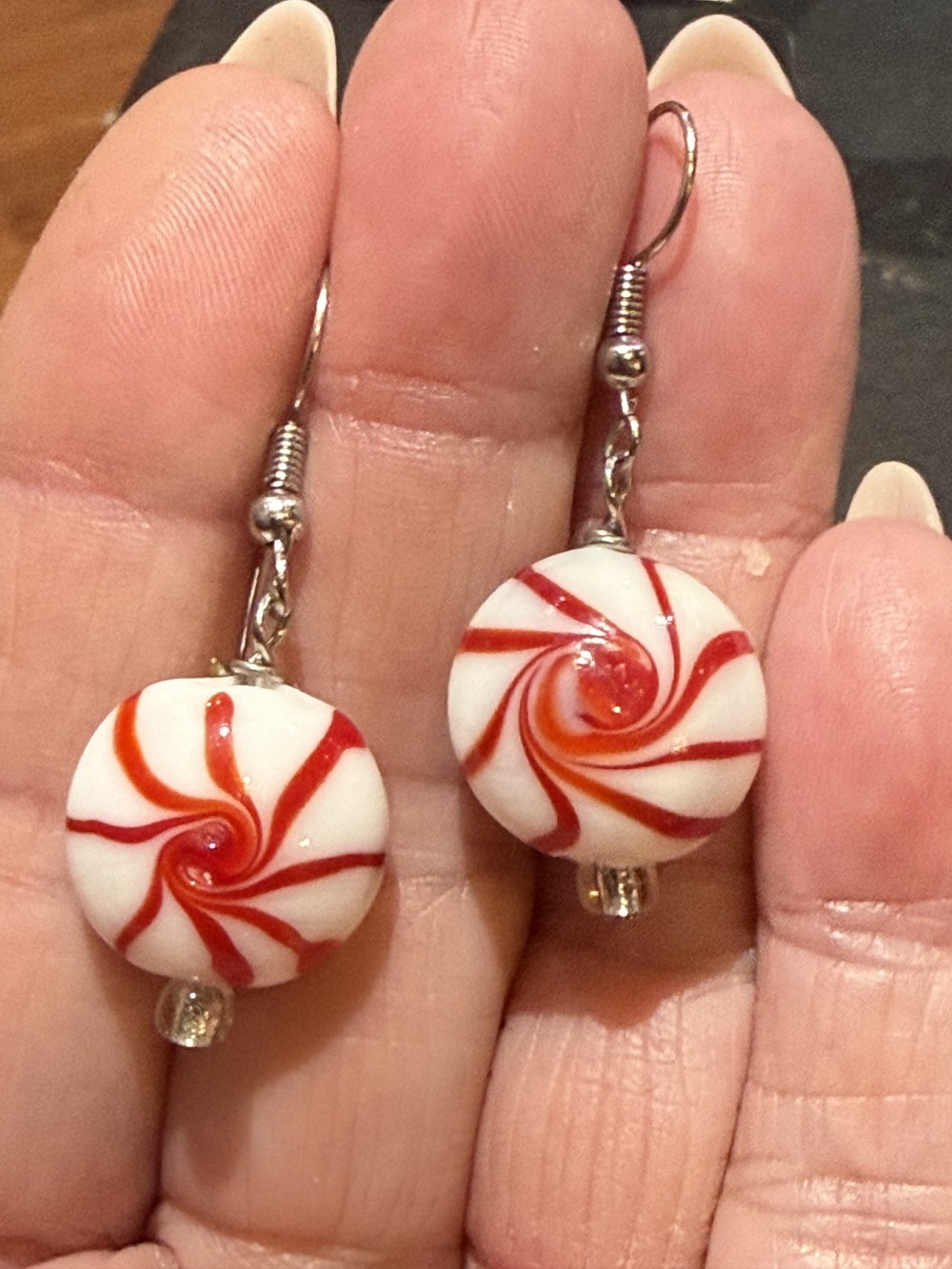 Earrings - Peppermint Candy in Red and White Lampwork Glass, Candies