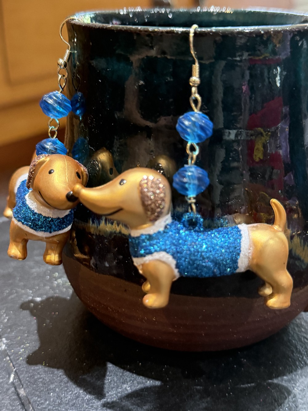 Earrings - Dachshund in Blue Glittered Sweater, Doxie, Dog