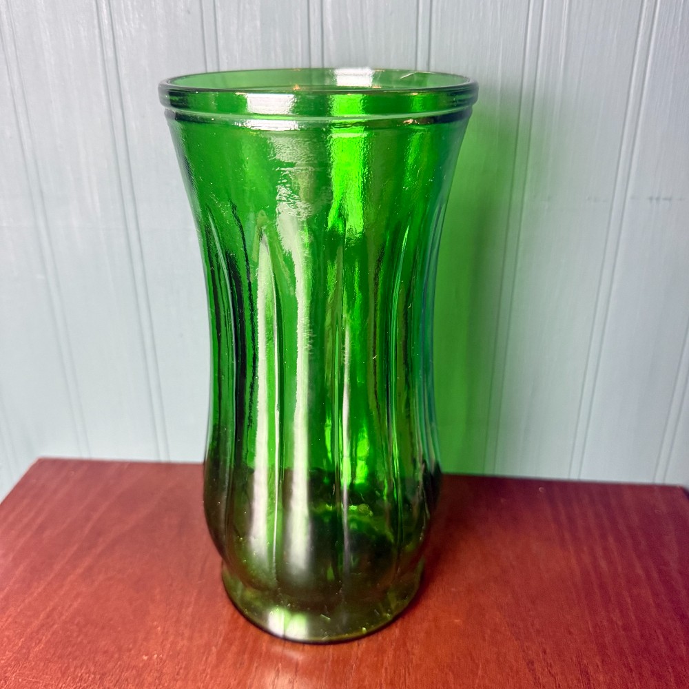 Vintage Emerald Green Ribbed Glass Vase, Waisted Hourglass Shape