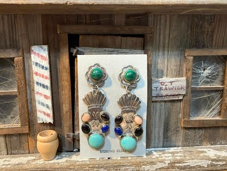 New Old Stock Southwest Pierced Sterling Turquoise Gemstone Long Earrings