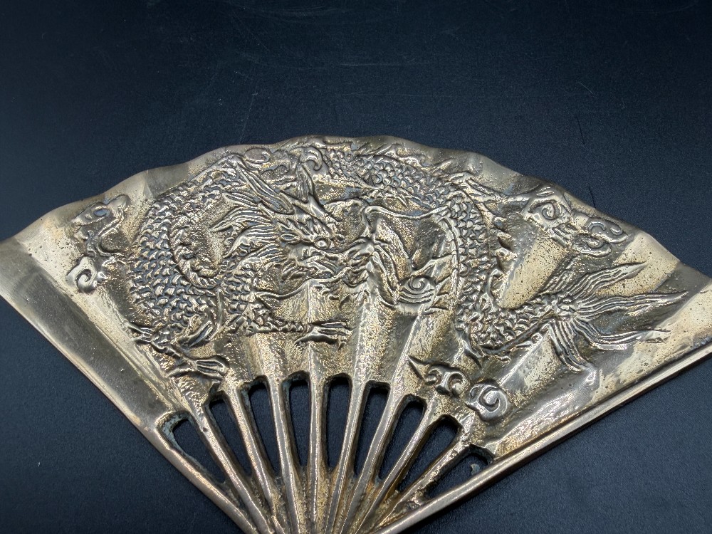 Vintage Brass Dragon Fan Wall Plaque - Hollywood Regency Asian Accent Decor,