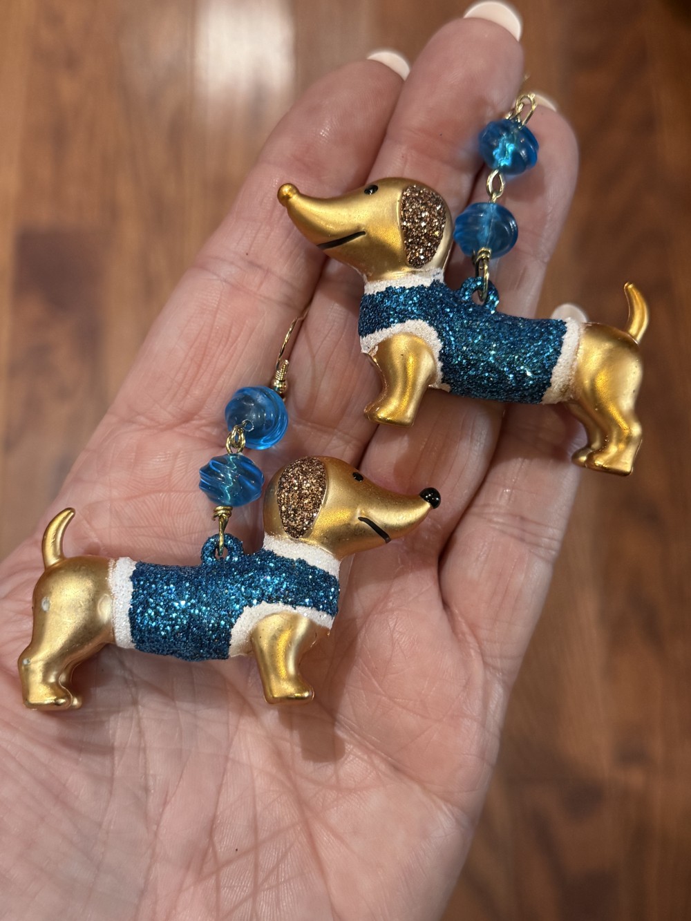Earrings - Dachshund in Blue Glittered Sweater, Doxie, Dog