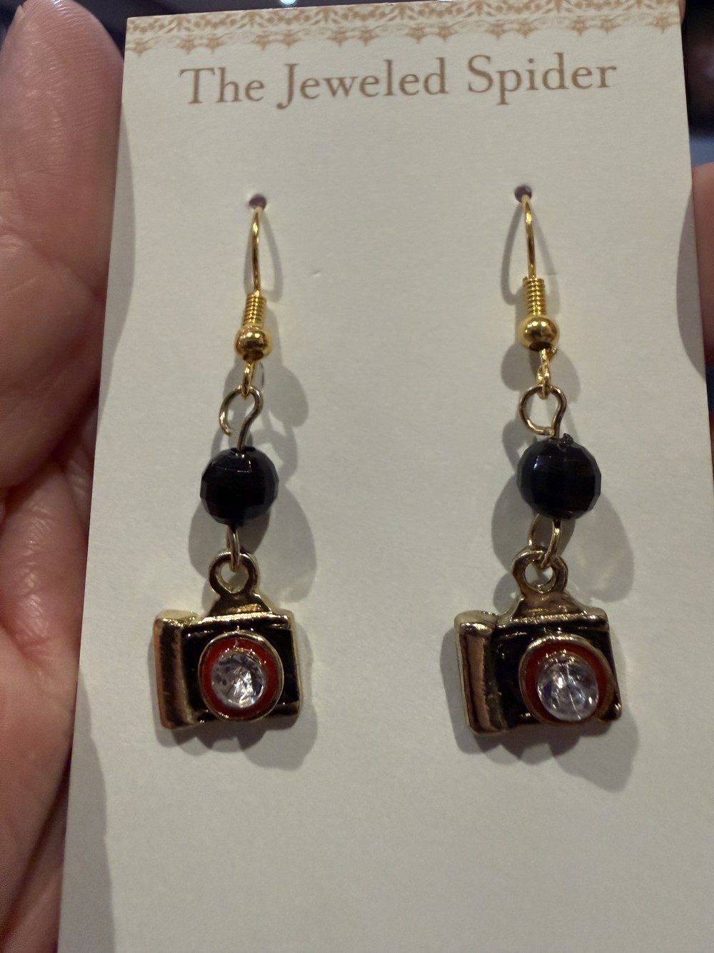 Earrings - Camera and Black Bead Gold