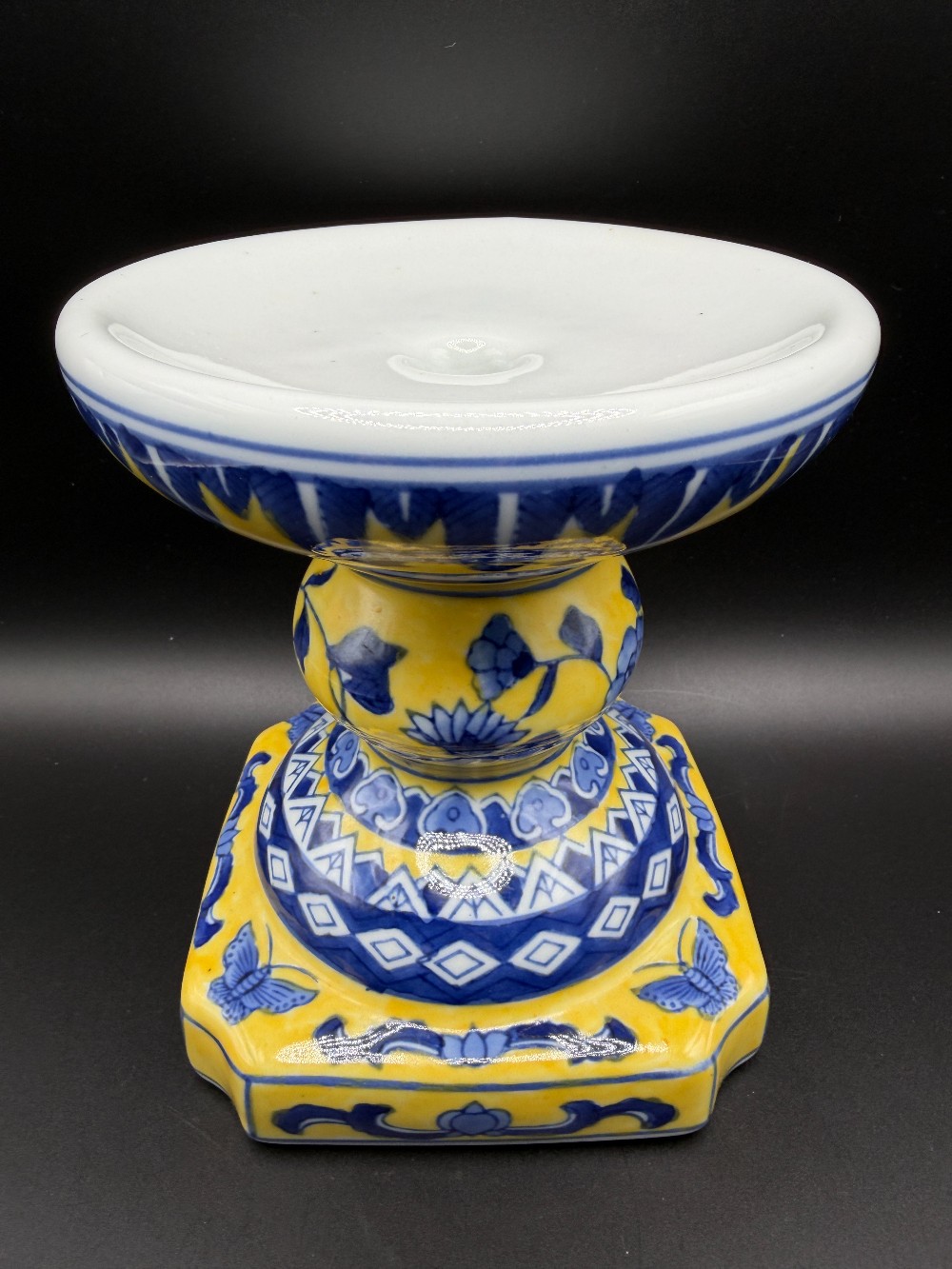 Vintage Chinese Yellow Ground Porcelain Pillar Candle Holder Chinoiserie Pedestal