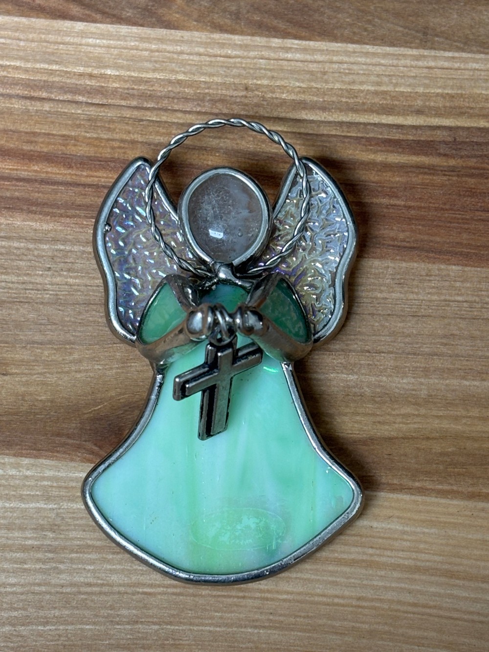 Stained Glass Angel Suncatcher Ornament Green Glass Cross Religious Decor
