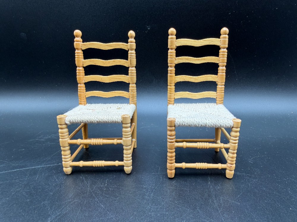 Vintage 1:12 Scale Miniature Wooden Ladderback Chairs with Woven Seats - Pair