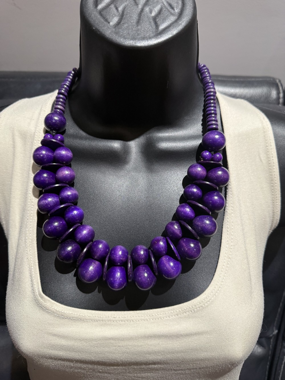 Necklace - Large Beaded Purple Double Layer Wood