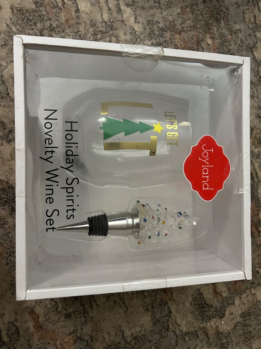 Joyland Holiday Spirits Let's Get Lit Novelty Wine Glass & Stopper Set Joyland Holiday Spirits Novelty Wine Set | Lets Get Lit Stemless Wine Glass | Christmas Tree Glass Bottle Stopper 2 Piece Gift Set NIB