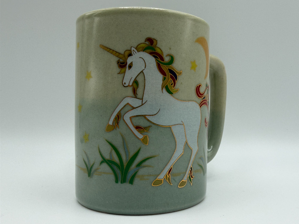 Vintage Otagiri Japan Celestial Unicorn Coffee Mug – Gold Outline Rainbow Mane