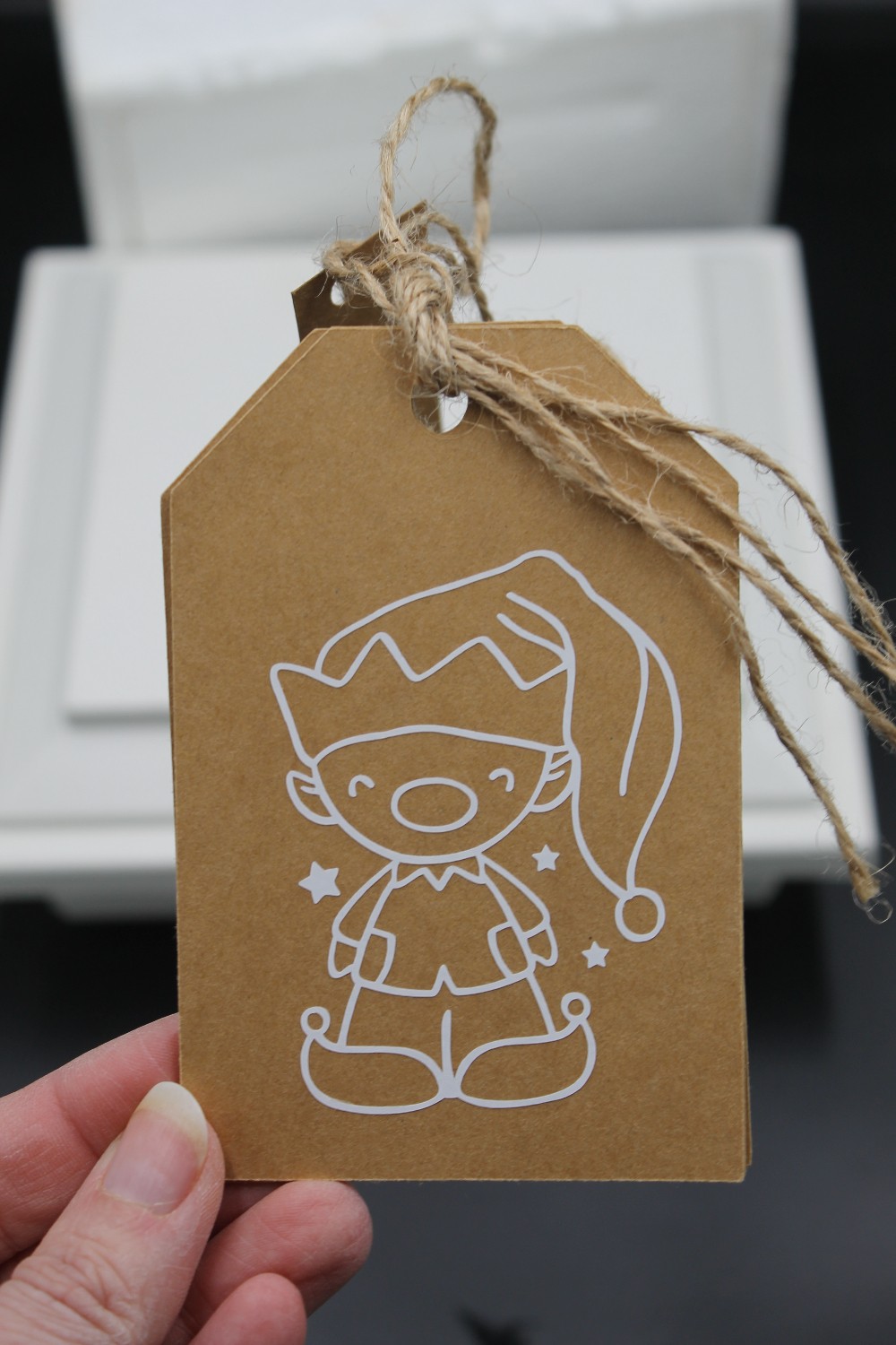 Handmade s/4 Christmas gift tags white elf design