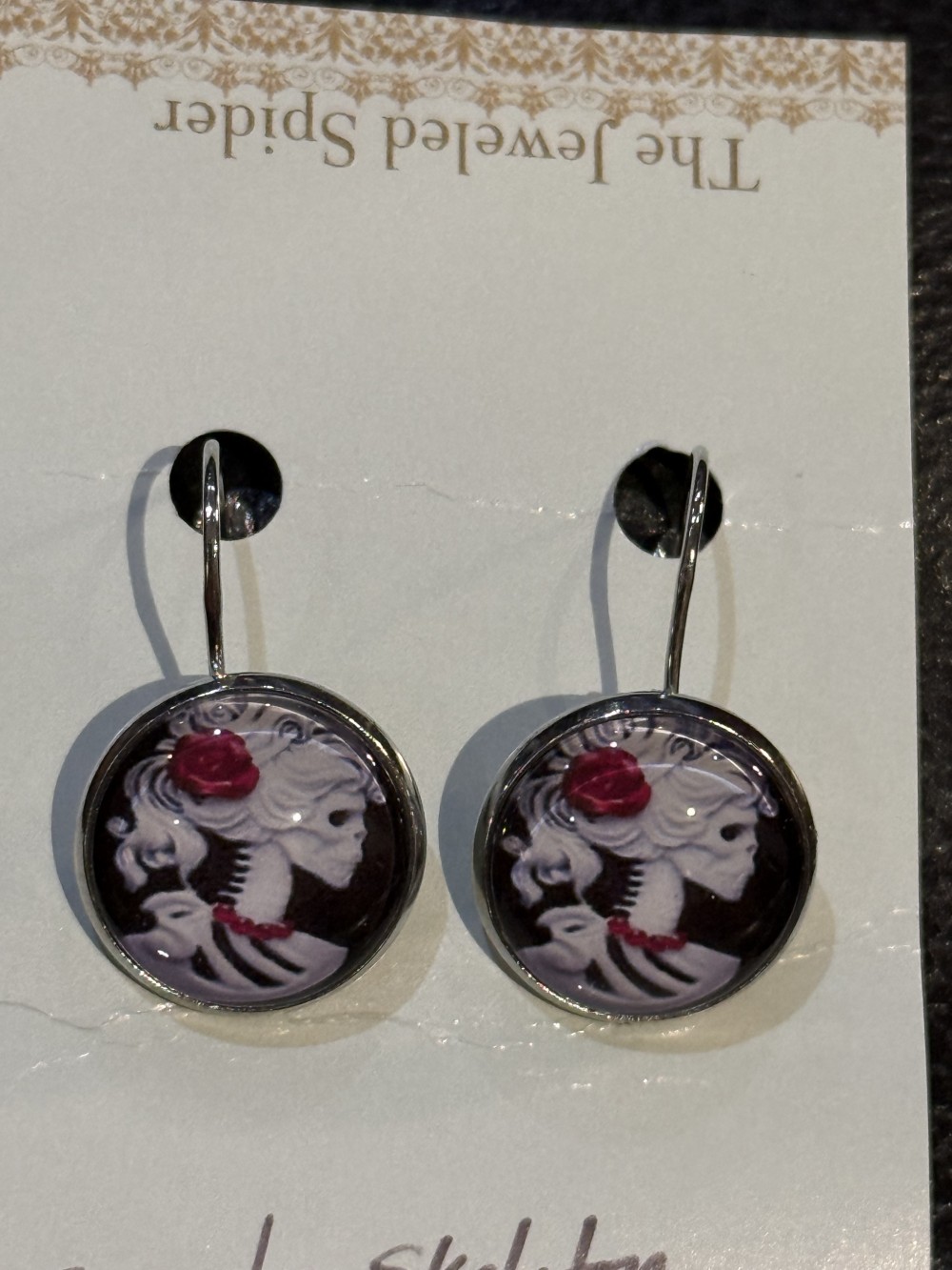 Earrings - Female Skull Profile w Rose Cameo Round, Day of the Dead
