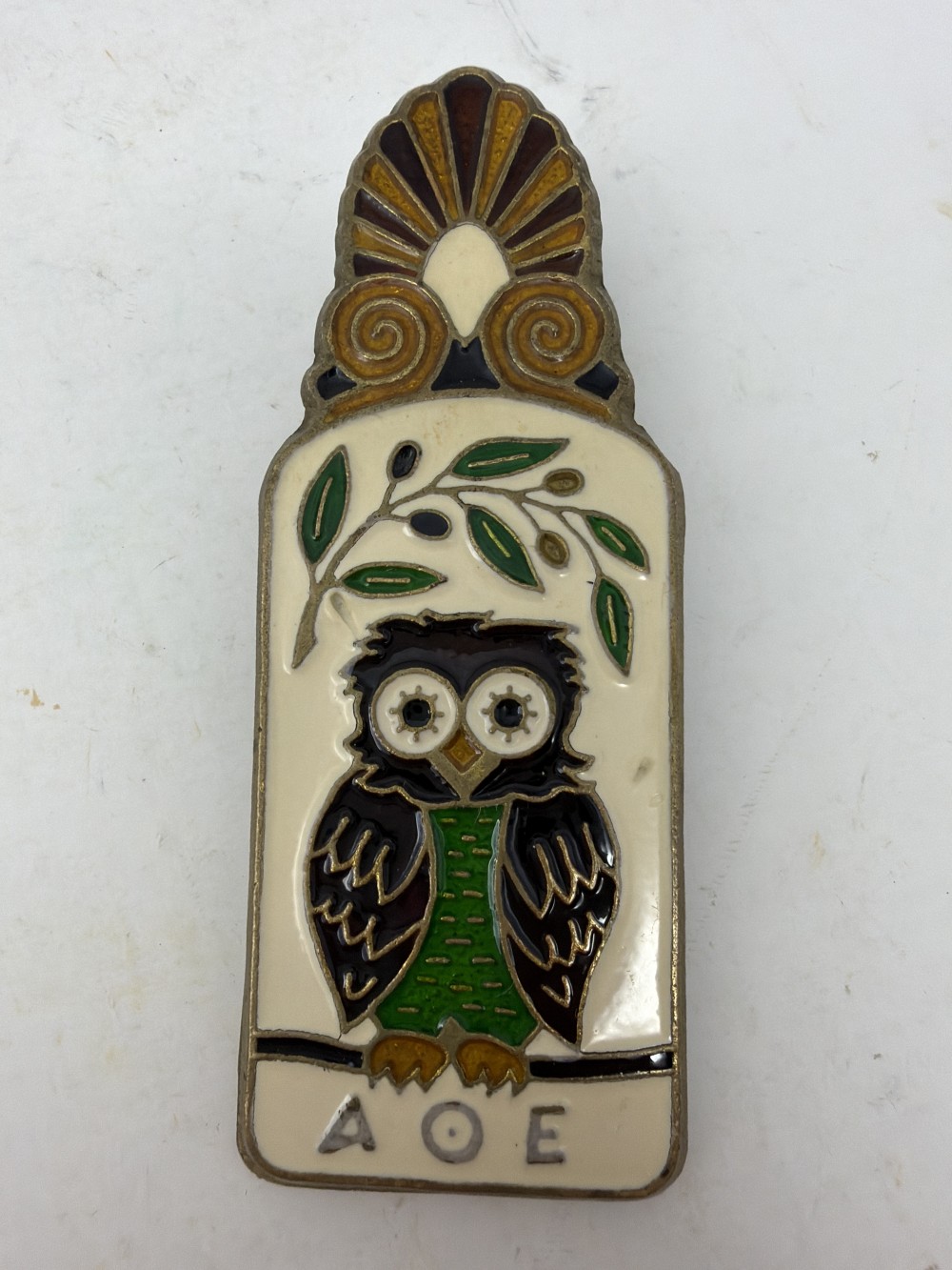 Vtg Brass & Enamel Owl & Ship Clip