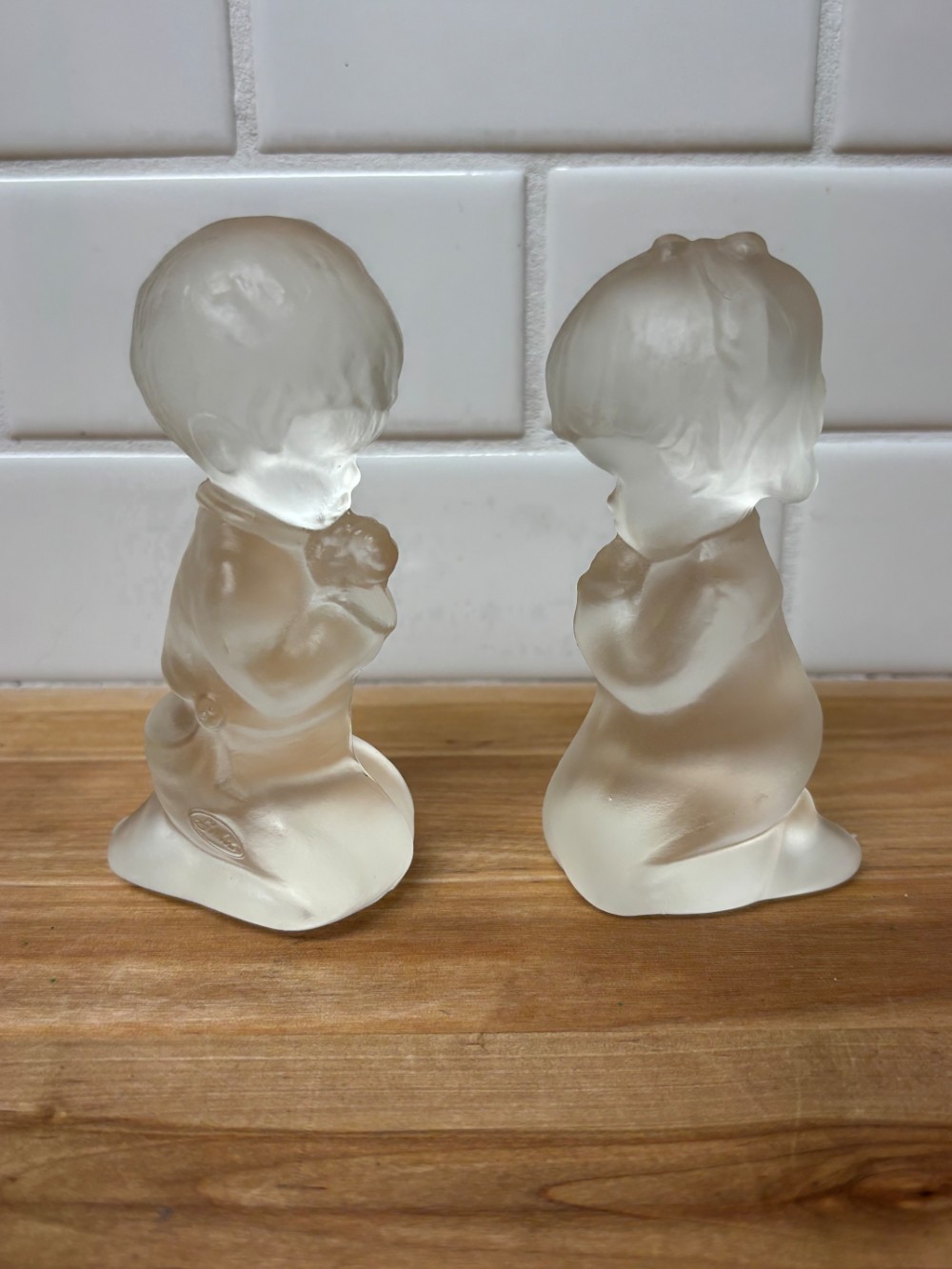 Fenton Frosted Satin Glass Praying Boy & Girl Figurines Pair