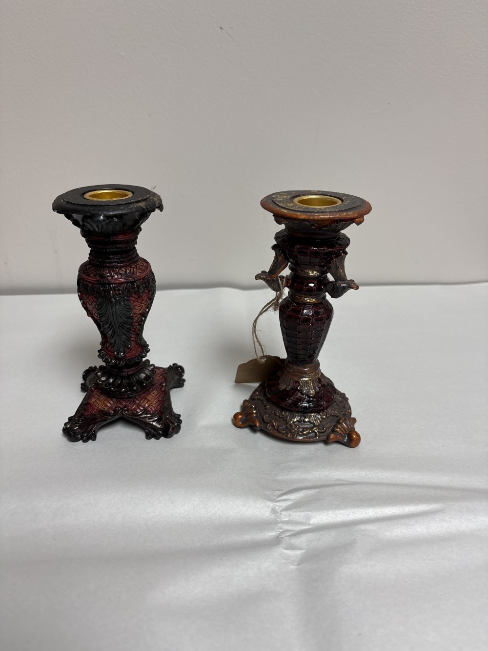 Set of 2 Taper Candle Holders - Red and Gold Resin ~6 inch H