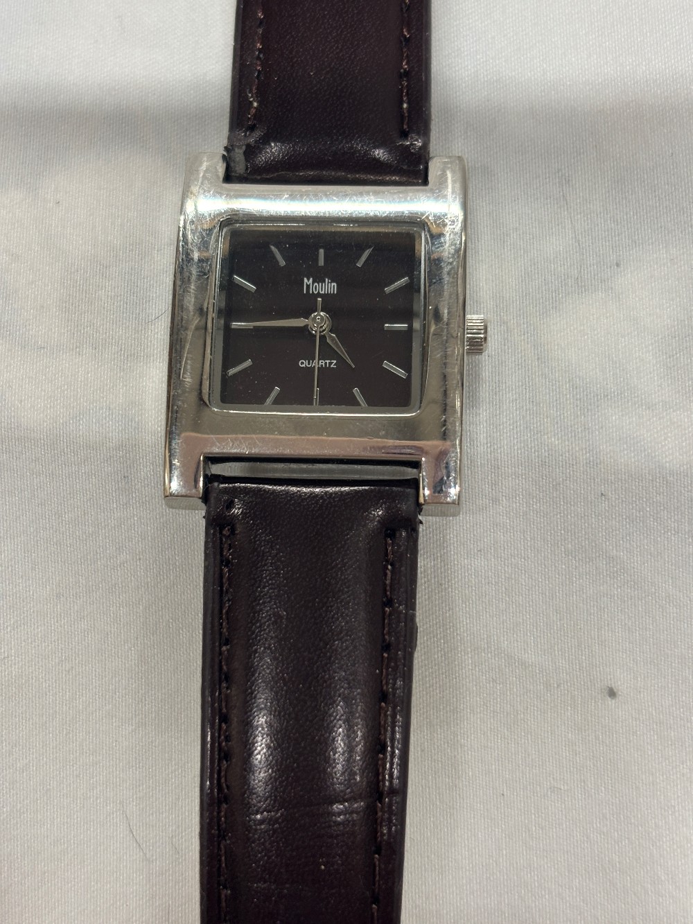 Watch Moulin silver square dk brown face w/dk brown strap band